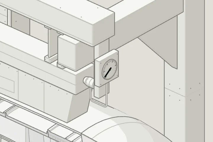 A four-times crop of the turbofan's thrust frame and its dial.