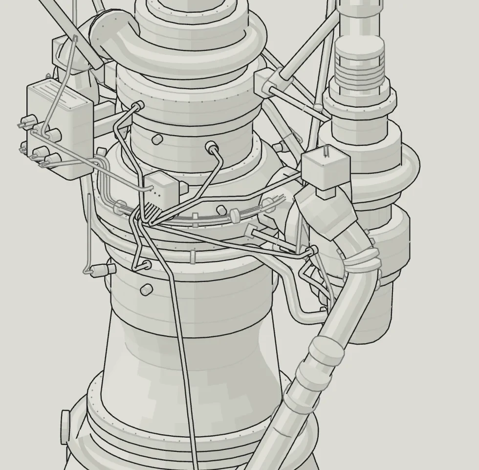 The Raptor engine in round one, with cables crossing a duct.